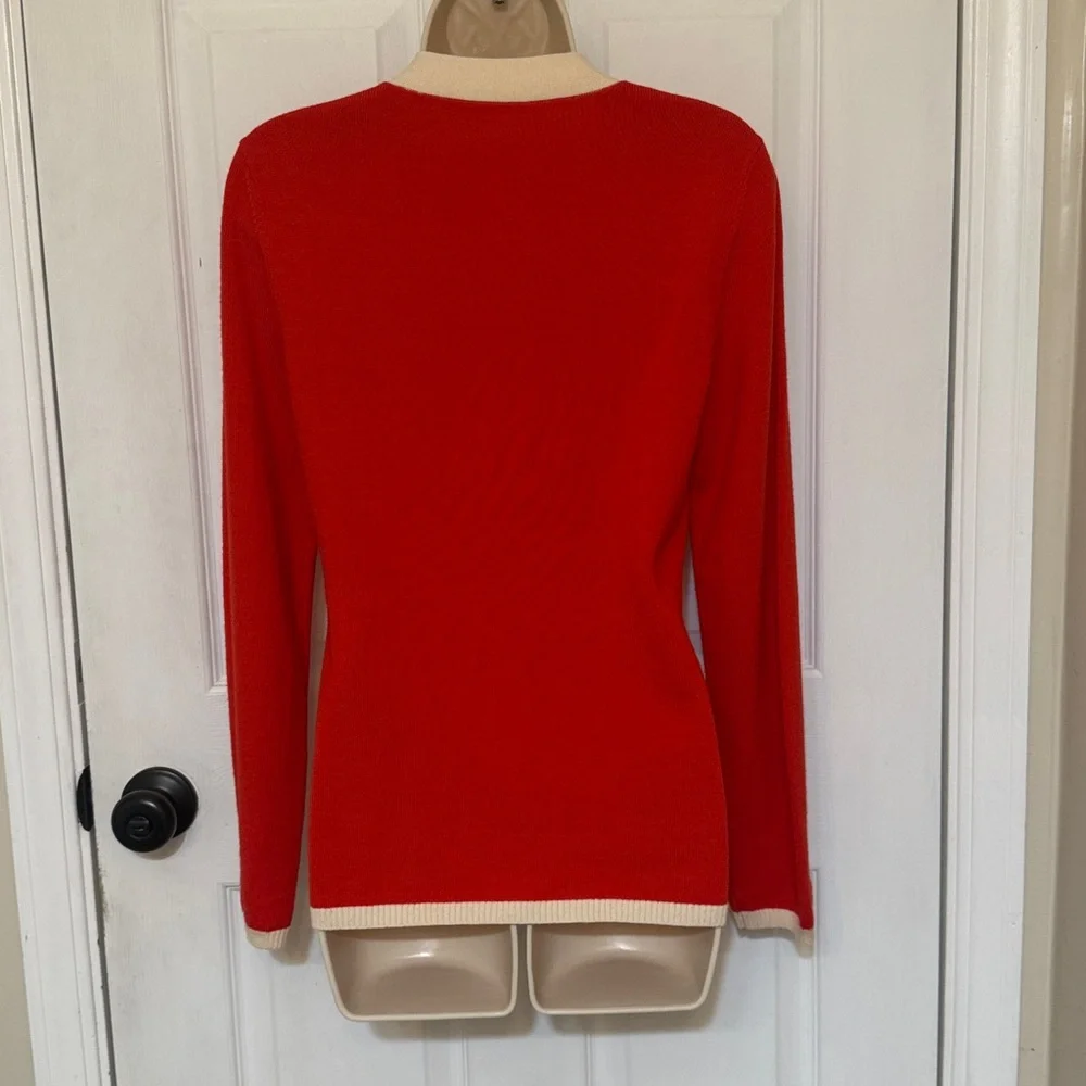 Tory Burch Merino Wool Cardigan Red Cream Trim Gold Logo Buttons Size S